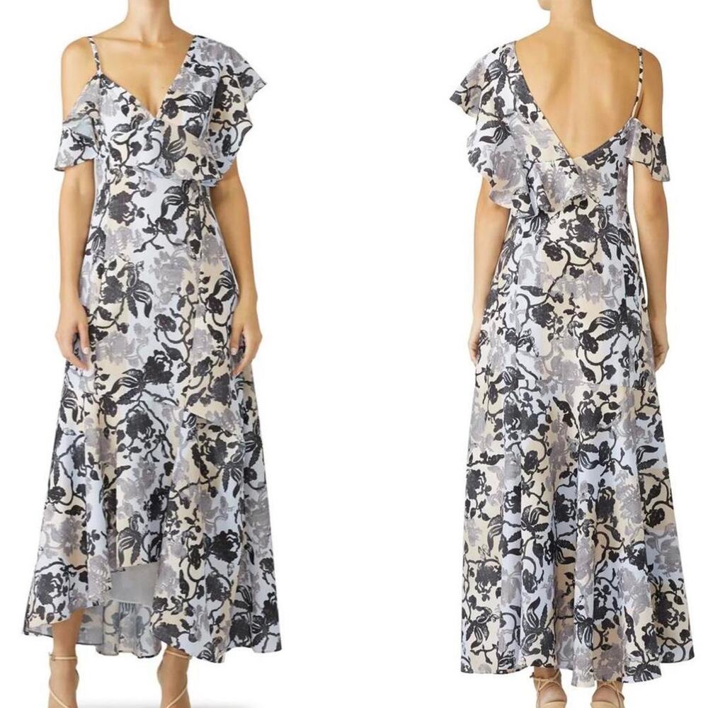 ADEAM Floral Fiesta Maxi Gown Dress Womens Size 4 Blue Beige Black Ruffled
